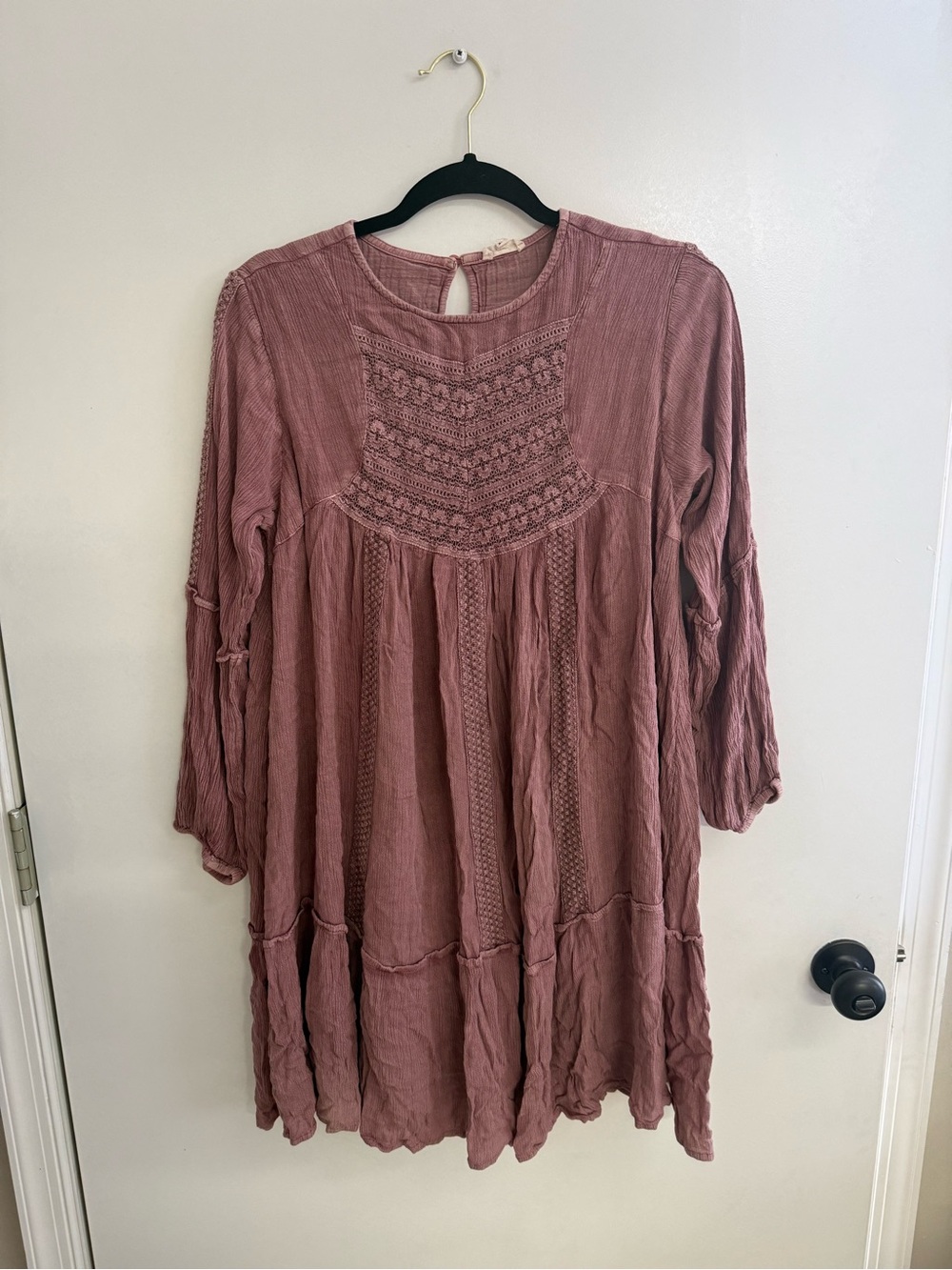 Mauve Peasant Tunic Dress with Lace Yoke